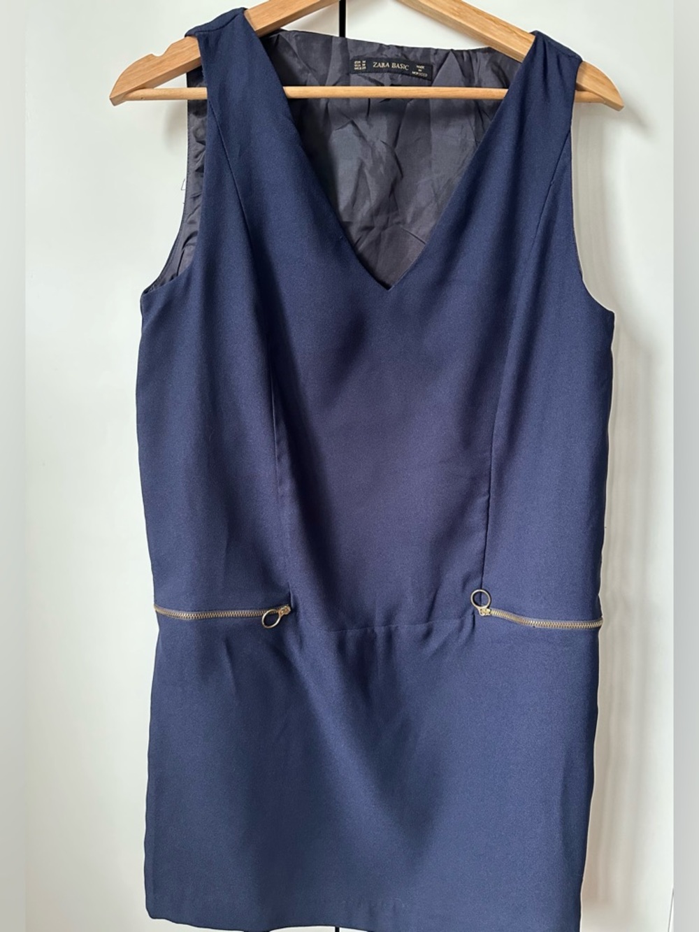 Zara Navy V-Neck Dress with Gold Zipper Detail